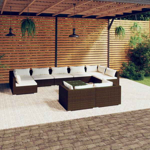 vidaXL 10-tlg. Garten-Lounge-Set mit Kissen Braun Poly Rattan