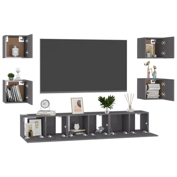 vidaXL 7-tlg. TV-Schrank-Set Hochglanz-Grau Holzwerkstoff