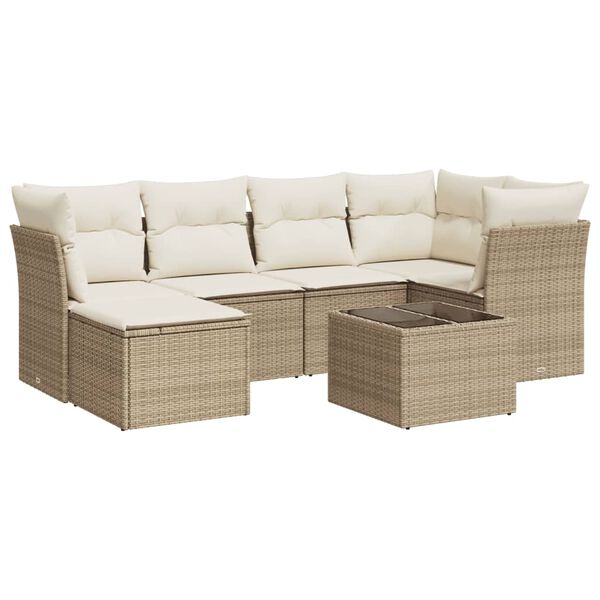 vidaXL 7-tlg. Garten-Sofagarnitur mit Kissen Beige Poly Rattan