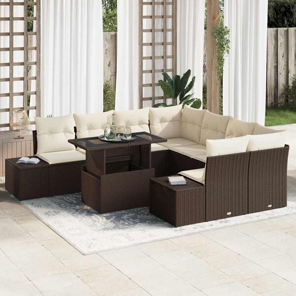 vidaXL Garten-Sofa-Set mit Kissen mit Speicher 9 pcs Braun und Creme