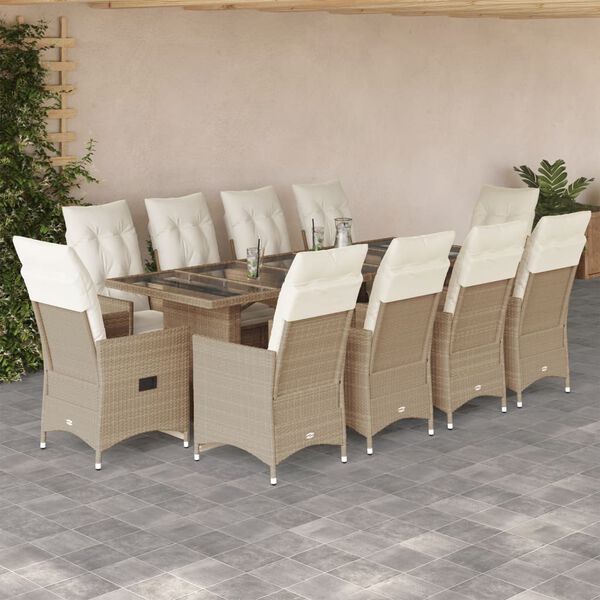 vidaXL 11-tlg. Garten-Bistro-Set mit Kissen Beige Poly Rattan