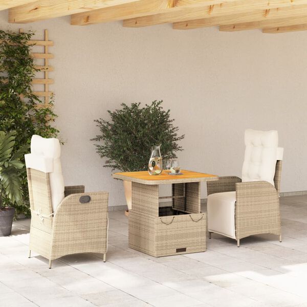 vidaXL 3-tlg. Garten-Essgruppe mit Kissen Beige Poly Rattan