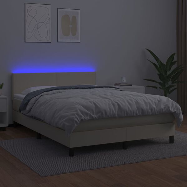 vidaXL Boxspringbett mit Matratze & LED Creme 140x200 cm Kunstleder