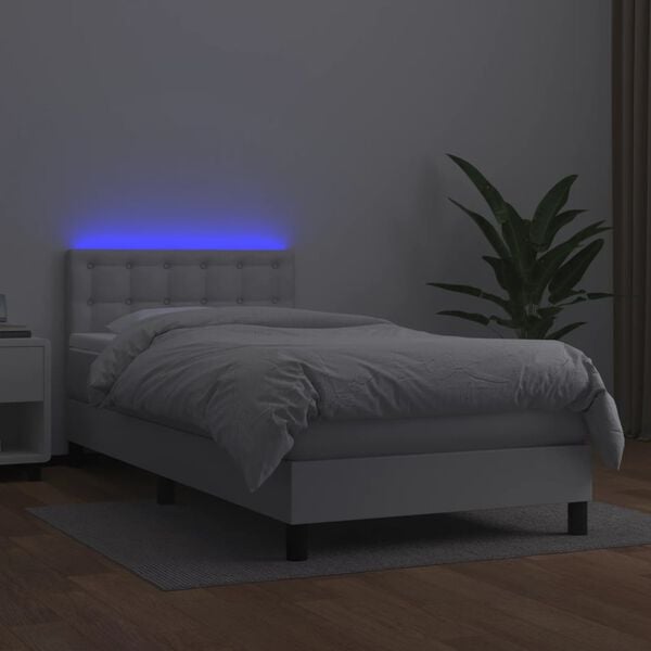 vidaXL Boxspringbett mit Matratze & LED Wei&szlig; 90x200 cm Kunstleder