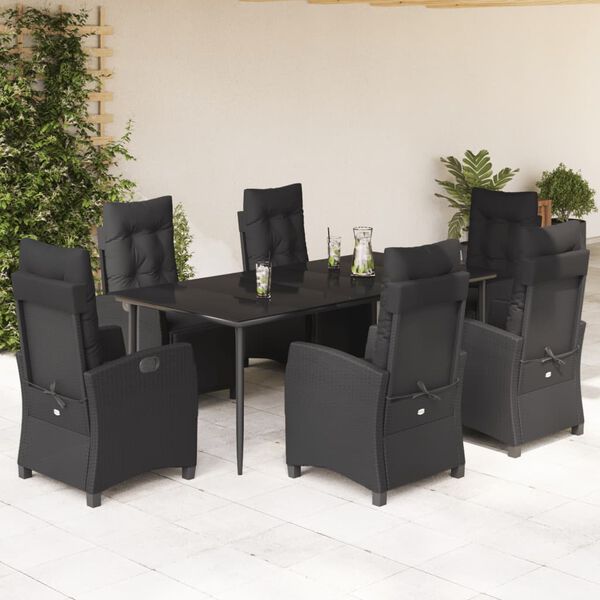 vidaXL 7-tlg. Garten-Essgruppe mit Kissen Schwarz Poly Rattan