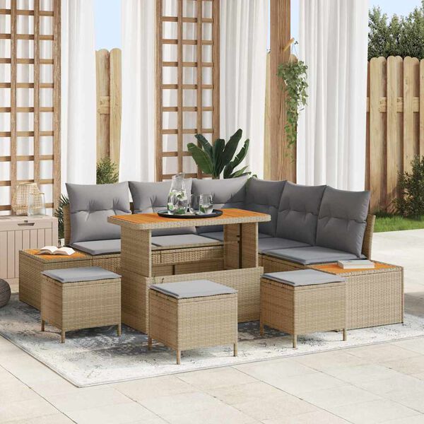 vidaXL Gartensofa-set mit Kissen mit Speicher 9 pcs Beige Poly Rattan