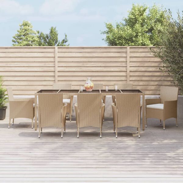 vidaXL 9-tlg. Garten-Essgruppe mit Kissen Beige Poly Rattan