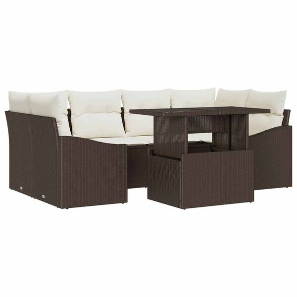 vidaXL Garten-Sofa-Set mit Kissen 7 pcs Braun und Creme Poly-Rattan