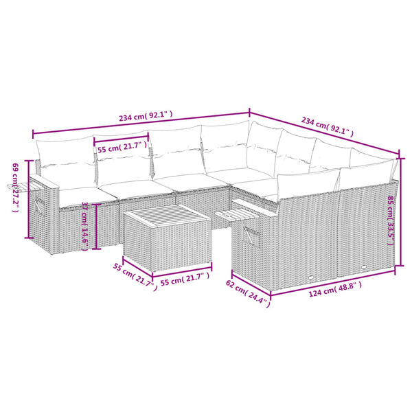 vidaXL 9-tlg. Garten-Sofagarnitur mit Kissen Schwarz Poly Rattan