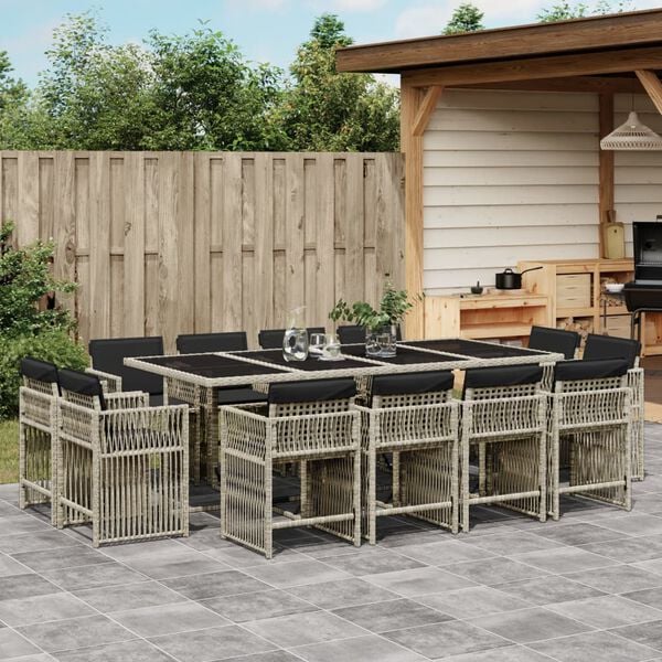 vidaXL 13-tlg. Garten-Essgruppe mit Kissen Hellgrau Poly Rattan