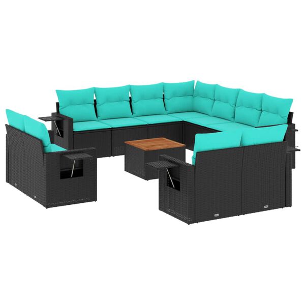 vidaXL 12-teiliges Gartensofa-Set mit Kissen, schwarzes Polyrattan