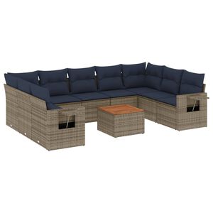 vidaXL 10-teiliges Gartensofa-Set mit Kissen, grau, Polyrattan