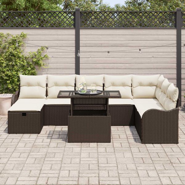 vidaXL Garten-Sofa-Set mit Kissen mit Speicher 9 pcs Braun Poly Rattan