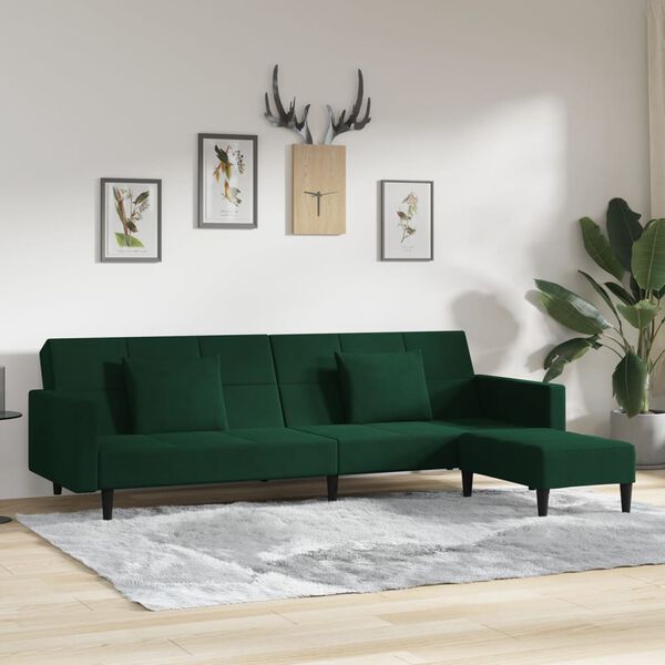 vidaXL Schlafsofa 2-Sitzer mit 2 Kissen & Hocker Dunkelgr&uuml;n Samt