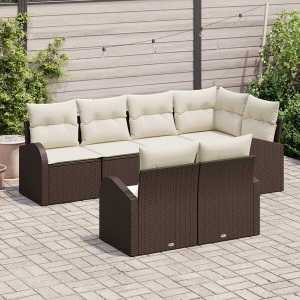 vidaXL Garten-Sofa-Set mit Kissen 7 pcs Braun und Weiß Poly Rattan