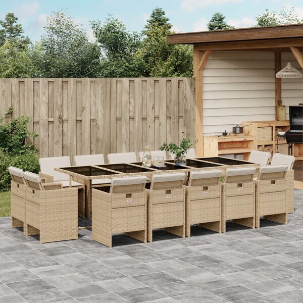 vidaXL 15-tlg. Garten-Essgruppe mit Kissen Beige Poly Rattan