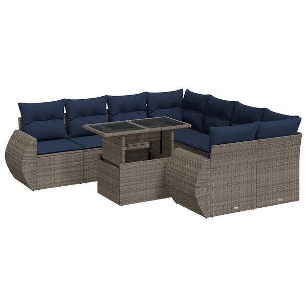 vidaXL 9-tlg. Garten-Sofagarnitur mit Kissen Grau Poly Rattan Akazie