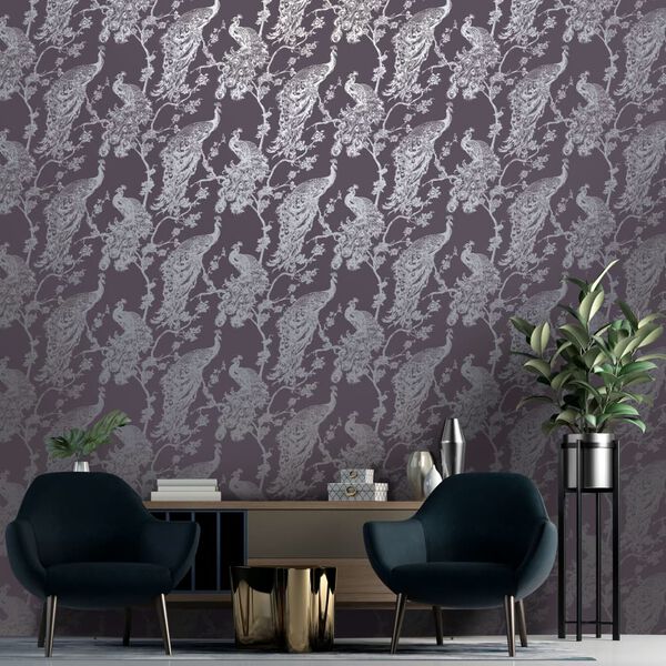 DUTCH WALLCOVERINGS Tapete Pfauen-Motiv Lila und Silbern