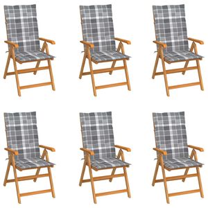 vidaXL Klappst&uuml;hle, 6-teilig, grau karierte Kissen, massives Teakholz