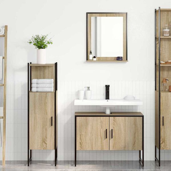 vidaXL Badezimmerm&ouml;bel-Set mit Regal mit T&uuml;r 3 pcs Braun Holzwerkstoff