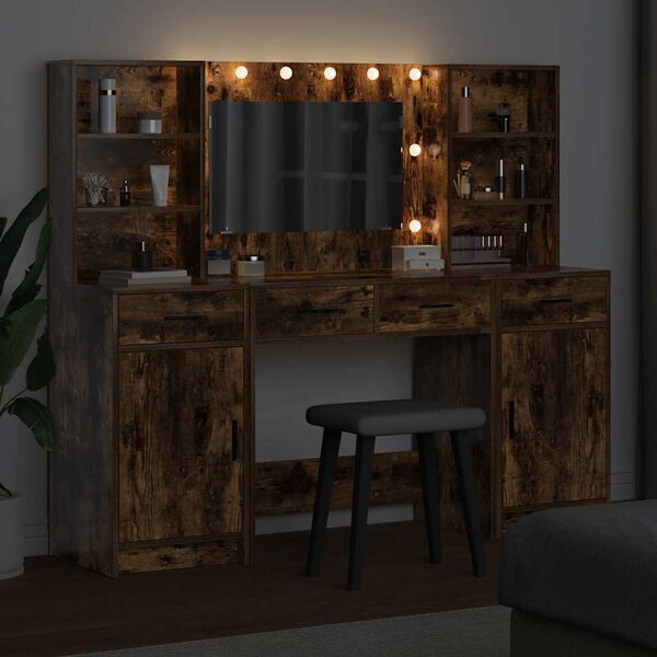 vidaXL Schminktischset mit LED 3 pcs Ger&auml;ucherte Eiche Holzwerkstoff