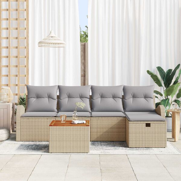 vidaXL Garten-Sofa-Set mit Kissen mit Speicher 6 pcs Beige Poly Rattan