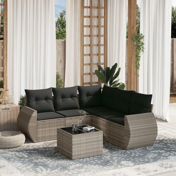vidaXL 6-tlg. Garten-Sofagarnitur mit Kissen Hellgrau Poly Rattan