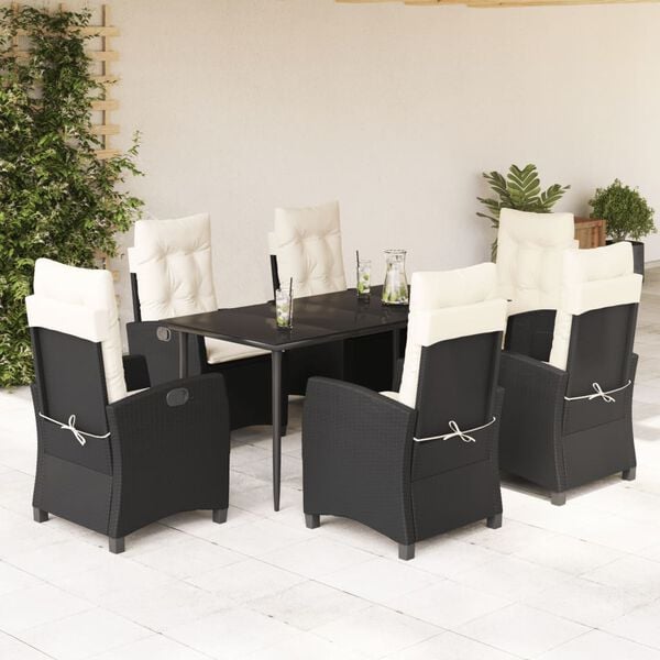 vidaXL 7-tlg. Garten-Essgruppe mit Kissen Schwarz Poly Rattan
