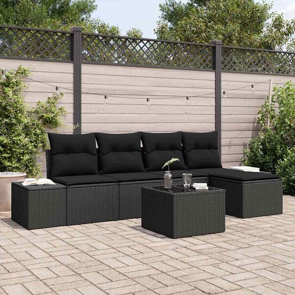 vidaXL Garten-Sofa-Set mit Kissen 6 pcs Schwarz Poly-Rattan