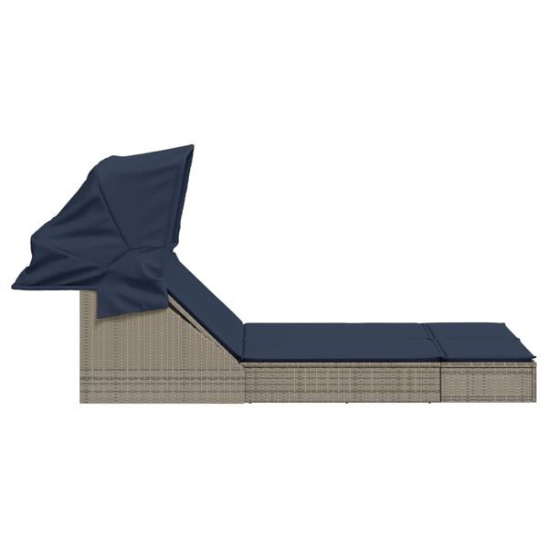 vidaXL Doppelte Sonnenliege mit Baldachin und Kissen, grau, Polyrattan