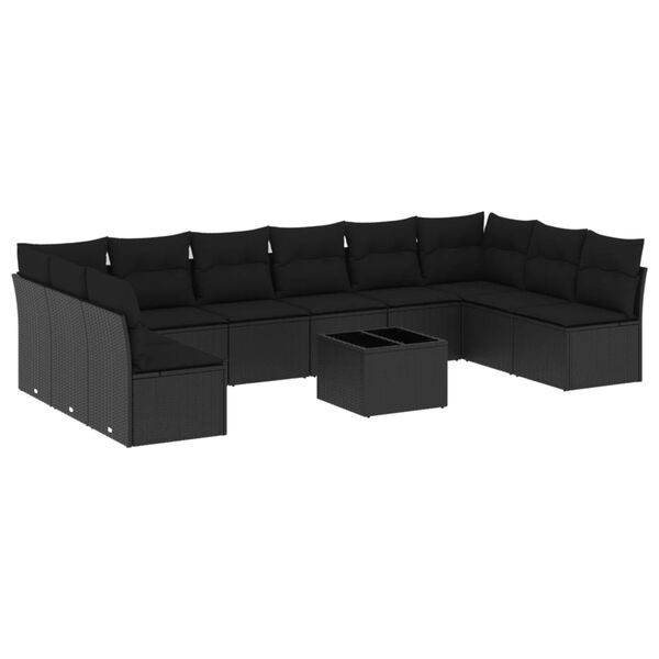 vidaXL 11-tlg. Garten-Sofagarnitur mit Kissen Schwarz Poly Rattan