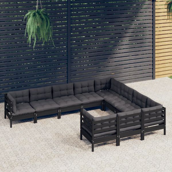 vidaXL 10-tlg. Garten-Lounge-Set mit Kissen Schwarz Kiefernholz