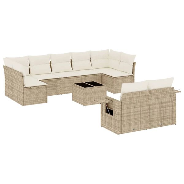 vidaXL 10-tlg. Garten-Sofagarnitur mit Kissen Beige Poly Rattan