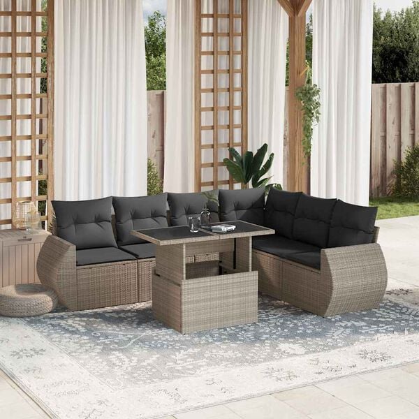 vidaXL 7-tlg. Garten-Sofagarnitur mit Kissen Hellgrau Poly Rattan