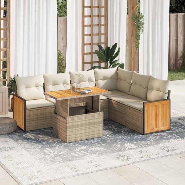 vidaXL 7-tlg. Garten-Sofagarnitur mit Kissen Beige Poly Rattan Akazie
