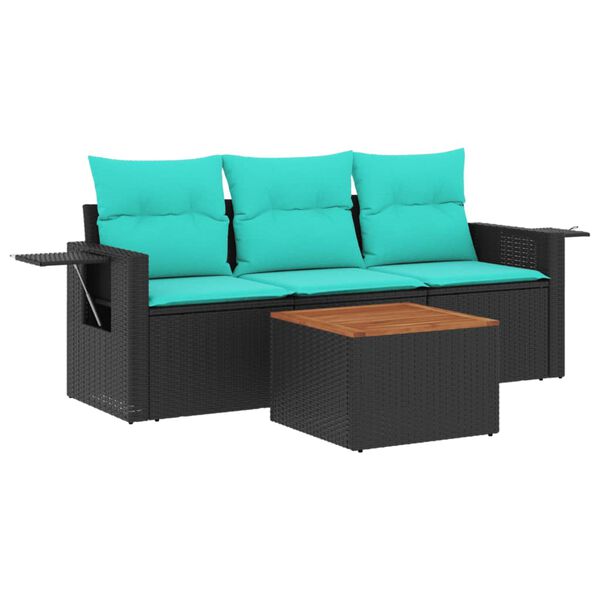 vidaXL 4-teiliges Gartensofa-Set mit Kissen, schwarzes Polyrattan