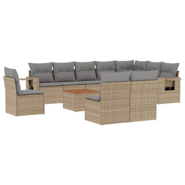 vidaXL 11-tlg. Garten-Sofagarnitur mit Kissen Beige Poly Rattan