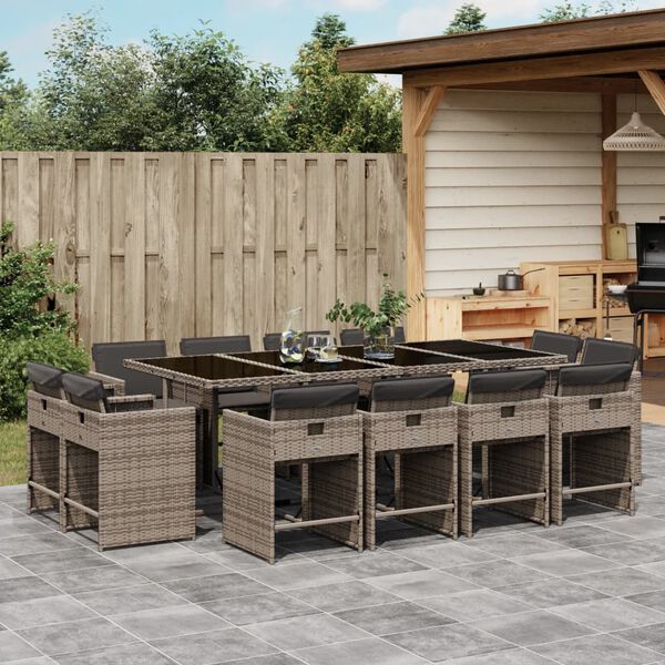 vidaXL 13-tlg. Garten-Essgruppe mit Kissen Grau Poly Rattan