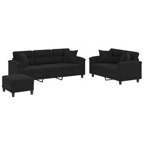 vidaXL 3-tlg. Sofagarnitur mit Kissen Schwarz Mikrofasergewebe