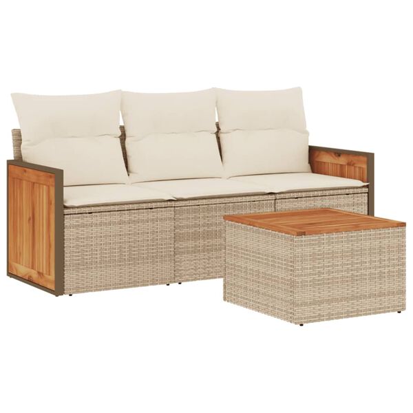 vidaXL 4-tlg. Garten-Sofagarnitur mit Kissen Beige Poly Rattan