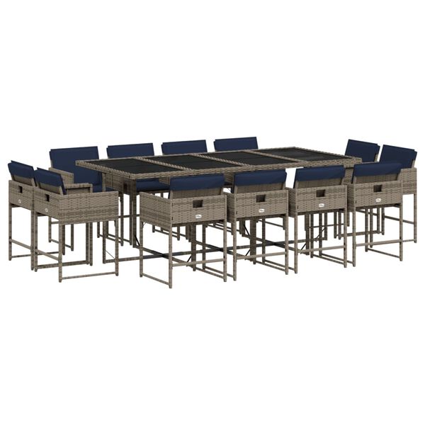 vidaXL 13-teiliges Garten-Ess-Set mit Kissen, grau, Polyrattan