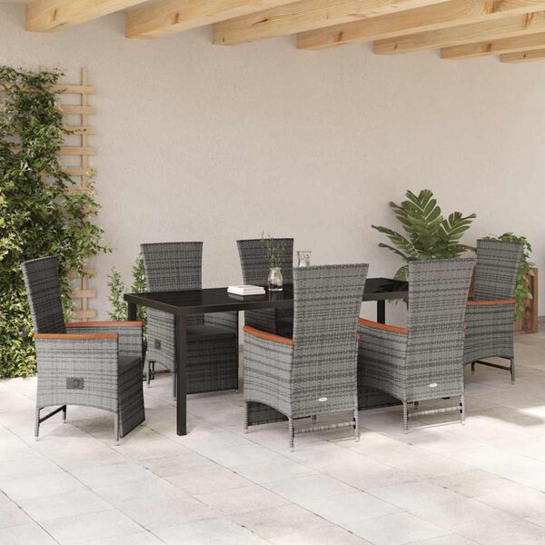 vidaXL Garten Essgruppe mit Kissen 7 pcs Grau Poly-Rattan