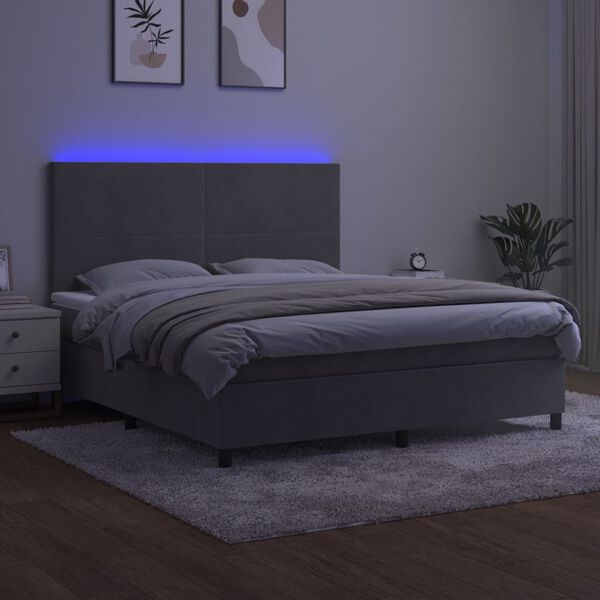 vidaXL Boxspringbett mit Matratze & LED Hellgrau 160x200 cm Samt