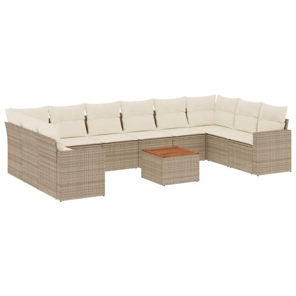 vidaXL 11-tlg. Garten-Sofagarnitur mit Kissen Beige Poly Rattan