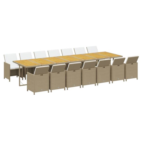 vidaXL 15-tlg. Garten-Essgruppe mit Kissen Beige Poly Rattan