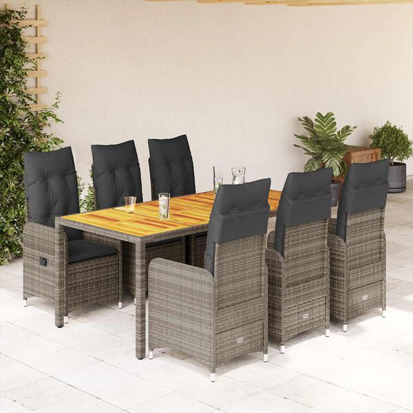 vidaXL 7-tlg. Garten-Bistro-Set mit Kissen Grau Poly Rattan