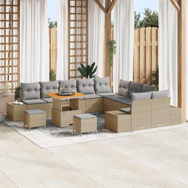 vidaXL Gartensofa-set mit Kissen mit Speicher 13 pcs Beige Poly Rattan
