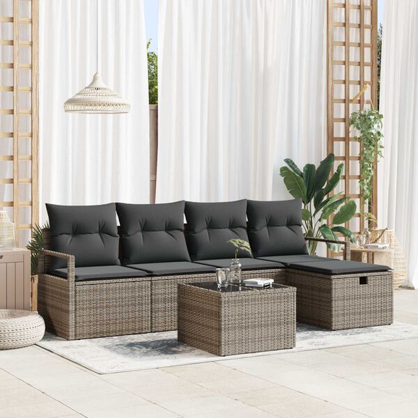 vidaXL Garten-Sofa-Set mit Kissen mit Speicher 6 pcs Grau Poly Rattan