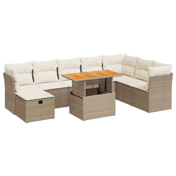 vidaXL 9-tlg. Garten-Sofagarnitur mit Kissen Beige Poly Rattan Akazie