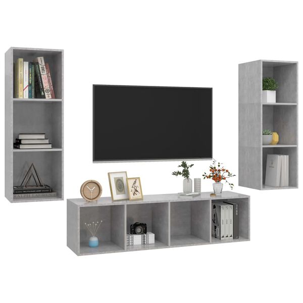 vidaXL 3-tlg. TV-Schrank-Set Betongrau Holzwerkstoff